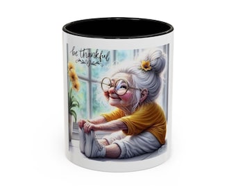 Be Thankful Grandma Illustration Mug | Cute Elderly Woman, Sunflower Window Accent Mug