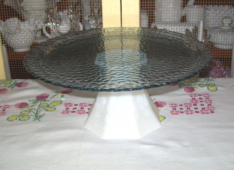 Pedestal Cake Plate,Up-cycled Blue Glass Plate and Vintage Milk Glass Candy Dish