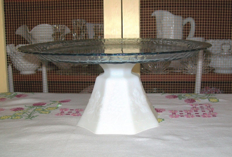 Pedestal Cake Plate,Up-cycled Blue Glass Plate and Vintage Milk Glass Candy Dish