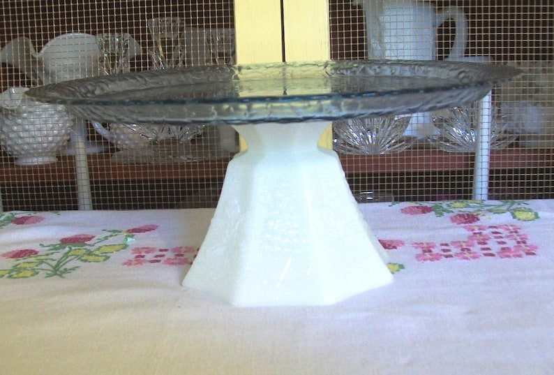 Pedestal Cake Plate,Up-cycled Blue Glass Plate and Vintage Milk Glass Candy Dish