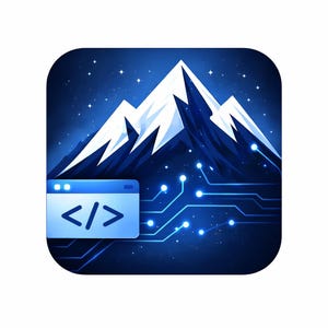 Op de afbeelding: Een digitale illustratie met een bergketen, een codeervenster en een printplaatontwerp. De achtergrond is een donkerblauwe gradiënt met witte sterren. Het codeervenster toont de HTML-tags < />.