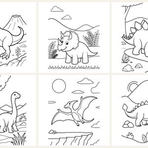 May include: A set of six black and white line art coloring pages featuring various dinosaurs including a T-Rex, a triceratops, a stegosaurus, a long-necked sauropod, a flying pterodactyl, and an ankylosaurus, all set in prehistoric landscapes.