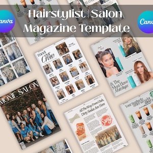 May include: A collection of magazine templates for a hairstylist salon, featuring layouts with photos of hairstyles, salon staff, and beauty products. The text includes "Hairstylist Salon Magazine Template" and "MOXIE SALON".