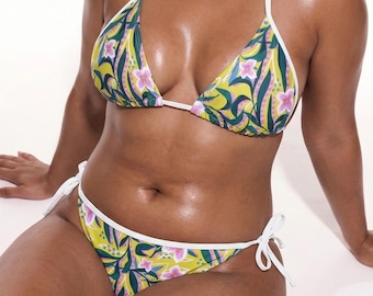 Gelbes Bikini-Set mit Blumenmuster, zweiteiliger Badeanzug mit Bügel-Cups, Designer-Badeanzug für Damen