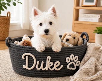 Aangepaste dierenmand met naam, gepersonaliseerde hondenspeelbak, schattige opbergmand voor puppy, geweven touw huisdier opberger, cadeau hond moeder, nieuwe kat speelgoedhond cadeau