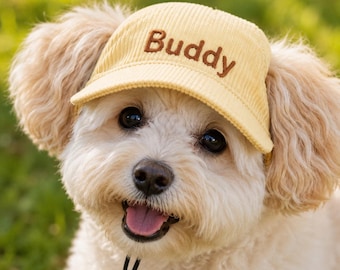 Personalized Dog Hat with Ear Holes, Custom Embroidered Name Corduroy Baseball Cap, Puppy Hat, Adjustable Pet Accessory, Gift for Dog Lovers