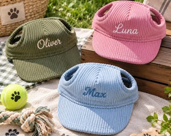 Individuell bestickte Hundemütze, personalisierte Cord-Baseballkappe mit Ohrenlöchern und Namen für Hunde, Sonnenhut für Welpen, Geburtstagsgeschenk für Hunde, Geschenk für Welpen