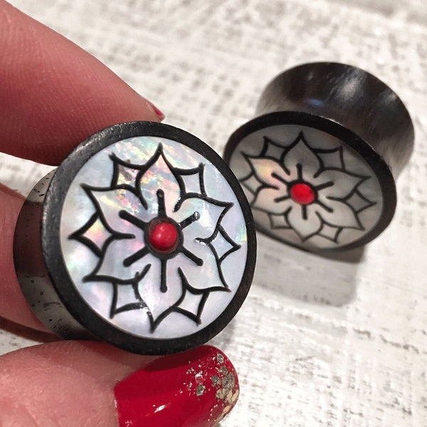 Black Wood Mother of Pearl Double Flared Plugs with Geometric Floral Design Shell Ear Gauges, Floral Mandala 2g to 1" plugs,, 00g, 0g, 1/2