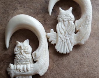 Hanging Hook Ear Plug Taper Spiral Pincher White Carved Wise Owl on a Tree Branch Organic Buffalo Bone Gauges Gift For Her  NOG-109