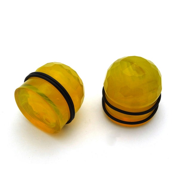 Pair of Glass Orb Plugs, Gauge Disco Chandelier, Geometric Faceted Cut Yellow Single Flare O-Ring,Flat back Gauges,Half Dome