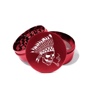 Indian skull with feathers Herb Grinder Black  Engraved Grinders 2.5&quot; 4 Part Premium Quality Aerospace Aluminum  Laser Etched 0254-L
