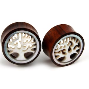 A Pair of wooden double flare organic plugs with Mother of Pearl, Carved Tree of life design, Gauges NOG133