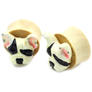 Double Flare Organic Wood Tunnel Plugs Frenchie French Bulldog Dog design Big Gauges
