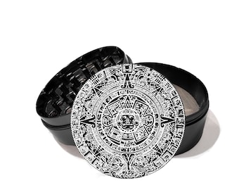SHIPS FREE -Aztec Calendar laser engraved Airplane grade Aluminum Herb Grinder Free Personalize the back of the grinder with your message