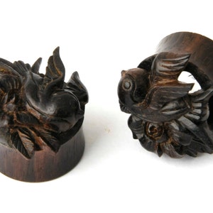 Double Flare Tunnel Organic Areng Wood Ear Plug Gauges Body Piercing Jewelry Hand Carved Flying Sparrow Bird Gift For Her