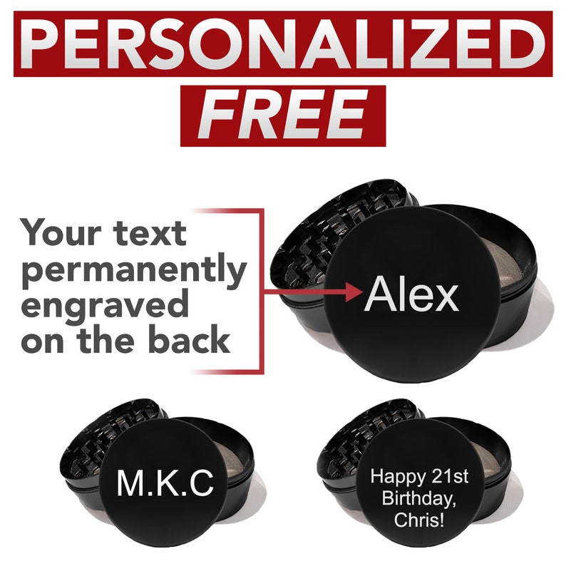 May include: Three black metal grinders with different engraved text on the top. The grinders are for herbs and spices. The text on the grinders reads "Alex", "M.K.C", and "Happy 21st Birthday, Chris!"