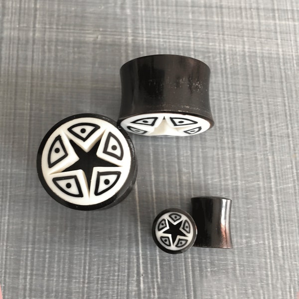 Double Flare,saddle Fit Organic Hand Carved  Solid Horn Plug Gauges with Bone Star Inlay Design