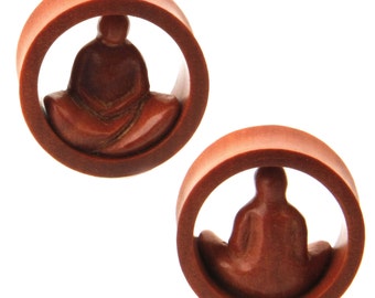 Organic Sawo wood ear plugs -Hindu Meditating Buddha- Double flare tunnel (NOG-155)