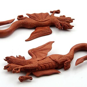 Three-Headed Dragon Organic Sawo Wood Hanging Ear Plug Taper image 2