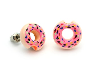 Pink Donuts Doughnut Organic wood earrings Stud handmade Gauges Body Piercing Jewelry Pair