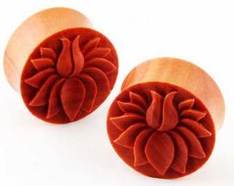 Organic  wood ear plugs - Hand carved Lotus flower design - Double flare tunnel Gift For Her (NOG-170)