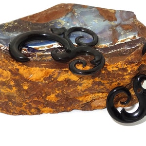 May include: Two black horn plugs with a swirling design. The plugs are on a rock with a blue and brown background.