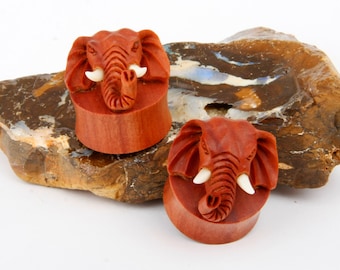 Double Flare Sawo Wood Carved Elephant Head Trunk and Bone Tusk Hand Carved Gauges Body Piercing Jewelry Pair NOG141