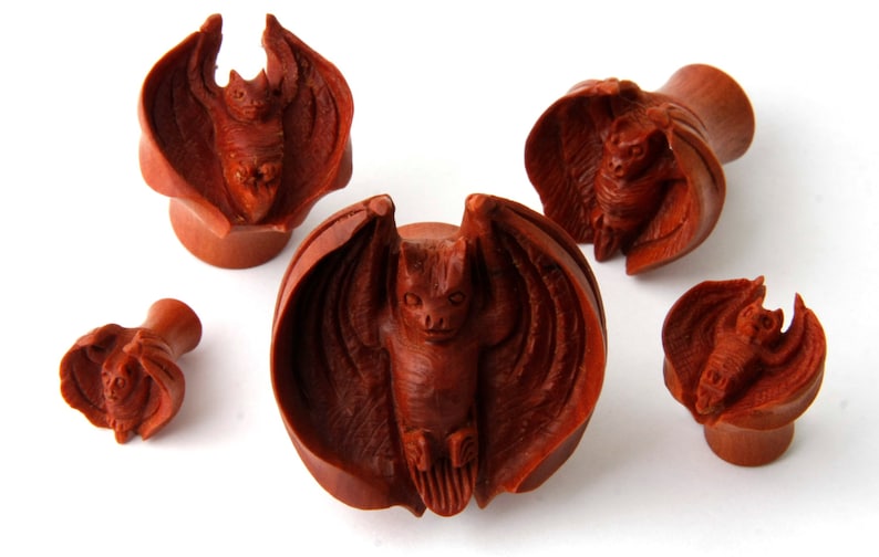 Halloween Scary Hand Carved Body Piercing Jewelry Unique NOG-126 Organic Sawo Wood Double Flare Bat Wings Ear Plugs Gauges