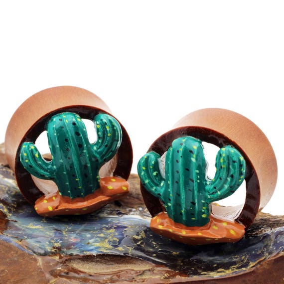 Double Flare Organic Wood Tunnel Plugs Green Cactus Cacti Plant Body Piercing Jewelry 