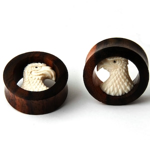 Double Flare Tunnel Organic Sawo Brown Wood Ear Plug Big Gauges Body Piercing Jewelry and Carved Bone Bold Eagle&#39;s Head