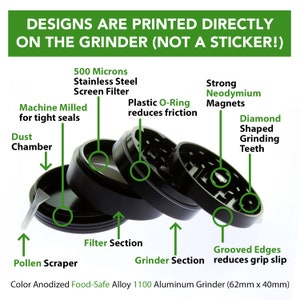May include: A black metal grinder with a 500 micron stainless steel screen filter, a plastic O-ring, strong neodymium magnets, diamond shaped grinding teeth, a pollen scraper, a dust chamber, and grooved edges to reduce grip slip. The grinder is 62mm x 40mm.