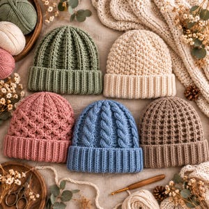 May include: Five knit beanies in sage green, cream, dusty rose, cornflower blue, and taupe. Each hat features a distinct textured stitch pattern, including ribbed, cable, and waffle designs, and a wide folded brim. The beanies are arranged together.