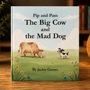 May include: A hardback children's book titled Pip and Pam The Big Cow and the Mad Dog by Jackie Gomes. The cover features a light blue sky with white clouds, a brown spotted cow grazing, and a small black and white dog in a green field.