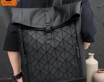 Geometric Roll-Top Backpack: PU Leather, 15.6" Laptop, 36-55L Capacity, Travel Daypack