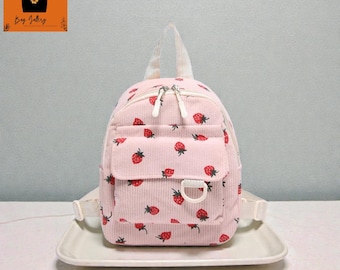 Corduroy Strawberry Mini Backpack: Kawaii Fruit Pattern Daypack