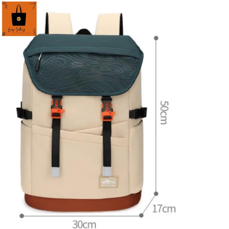 May include: Beige backpack with a dark green flap and brown base. The backpack has orange buckles and black straps. It measures 30cm wide, 17cm deep, and 50cm tall.
