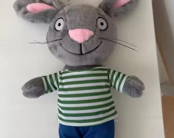 Gray Bunny Plush Doll, Striped Shirt, Floppy Ears, Soft Stuffed Animal Toy
