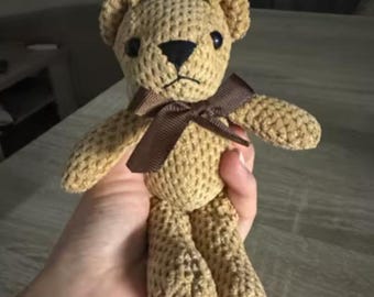Handmade Crochet Teddy Bear Plush | Amigurumi Bear Toy | Soft Nursery Decor Gift | Cute Stuffed Animal with Ribbon Bow 16cm