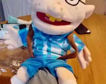 Nerdy Boy Puppet Plush – Glasses, Freckles, Backpack, Blue Outfit – Soft Educational Toy