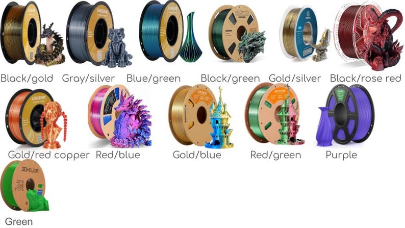 May include: A selection of 3D printer filament spools in a range of colours: black/gold, grey/silver, blue/green, black/green, gold/silver, black/rose red, gold/red copper, red/blue, gold/blue, red/green, purple, and green. Each spool is displayed with a 3D printed model.