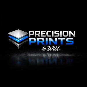 May include: A logo for "Precision Prints by Will" against a black backdrop. The logo shows a stack of silver, blue, and grey layers on the left. The text "PRECISION PRINTS" is in silver and blue, with "by Will" in a cursive font.