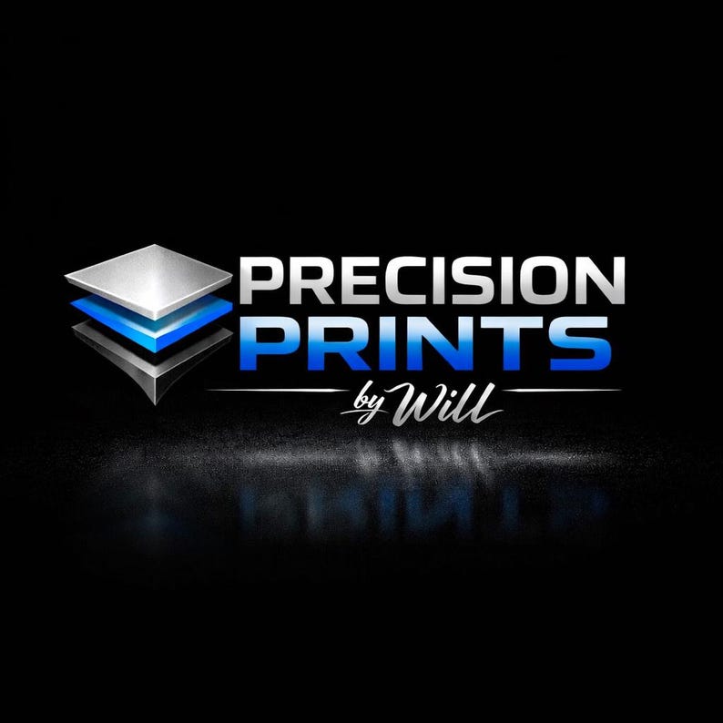 May include: A logo for "Precision Prints by Will" against a black backdrop. The logo shows a stack of silver, blue, and grey layers on the left. The text "PRECISION PRINTS" is in silver and blue, with "by Will" in a cursive font.