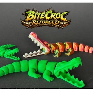 May include: Three articulated crocodile toys in green, orange, and red. The toys have open mouths with visible teeth. The top of the image features the text "BiteCroc Reforged" in a stylized font.