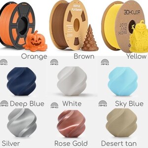May include: An assortment of 3D printing filament spools and printed objects in a range of colours. Colours include forest green, orange, brown, yellow, red, grey, deep blue, white, sky blue, cobalt blue, black, silver, rose gold, desert tan, and pink.
