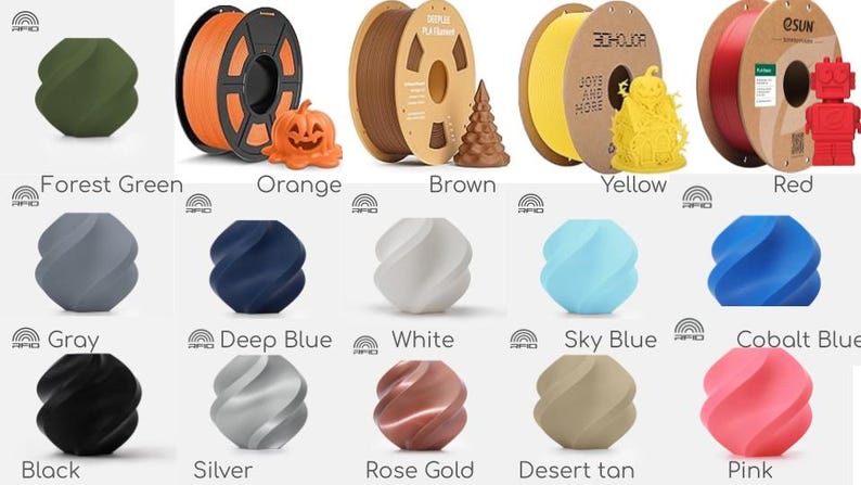 May include: An assortment of 3D printing filament spools and printed objects in a range of colours. Colours include forest green, orange, brown, yellow, red, grey, deep blue, white, sky blue, cobalt blue, black, silver, rose gold, desert tan, and pink.