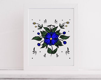Folk Art Wildflower Print, Bright Blue Flower Painting, Boho Floral Wall Decor, Indigo & Honeycomb Yellow Botanical Wall Art, Spring Decor