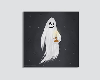 Halloween Ghost Wall Art Print, Spooky Cute Fall Home Decor, Whimsigoth and Dark Cottagecore Seasonal Indoor Decoration, Halloween Folk Art