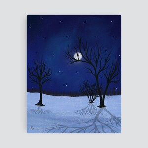 Folk Art Print of Winter Landscape Painting, Calming Navy Blue Wall Art Decor, Forest Wall Art Print