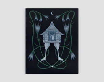 Baba Yaga's Hut Halloween Folk Art Print, Fairytale Illustration Artwork, Folktale Witchy Wall Art Decor