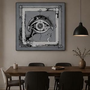 Könnte beinhalten: Ein quadratisches gerahmtes Wandbild mit einer zentralen schwarz-weißen Grafikillustration eines stilisierten Auges mit komplexen, geschwungenen Linien und geometrischen Mustern auf grauem Hintergrund in einem dekorativen Rahmen.